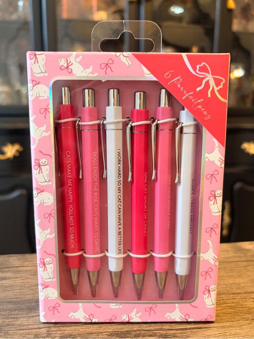Pink & White Cat-Themed Ballpoint Pens with quotes- Set of 6